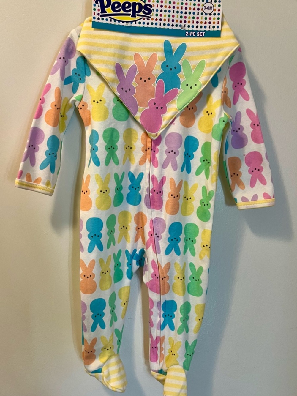Peeps Pastel Bunny Print Baby Footed One-Piece with Bib - Multi